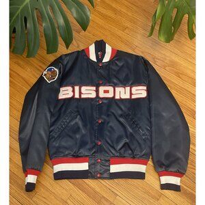 Vintage 80s Medium BUFFALO BISONS MILB Satin Bomber Spellout Jacket Union USA